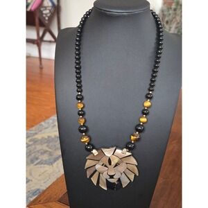 Mother of Pearl Inlay Lionhead Pendant Necklace W/Onyx & Tiger's Eye Beads 19"